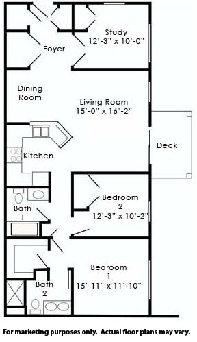 Floor plan for 2 beds, 2 baths, 1195 sqft